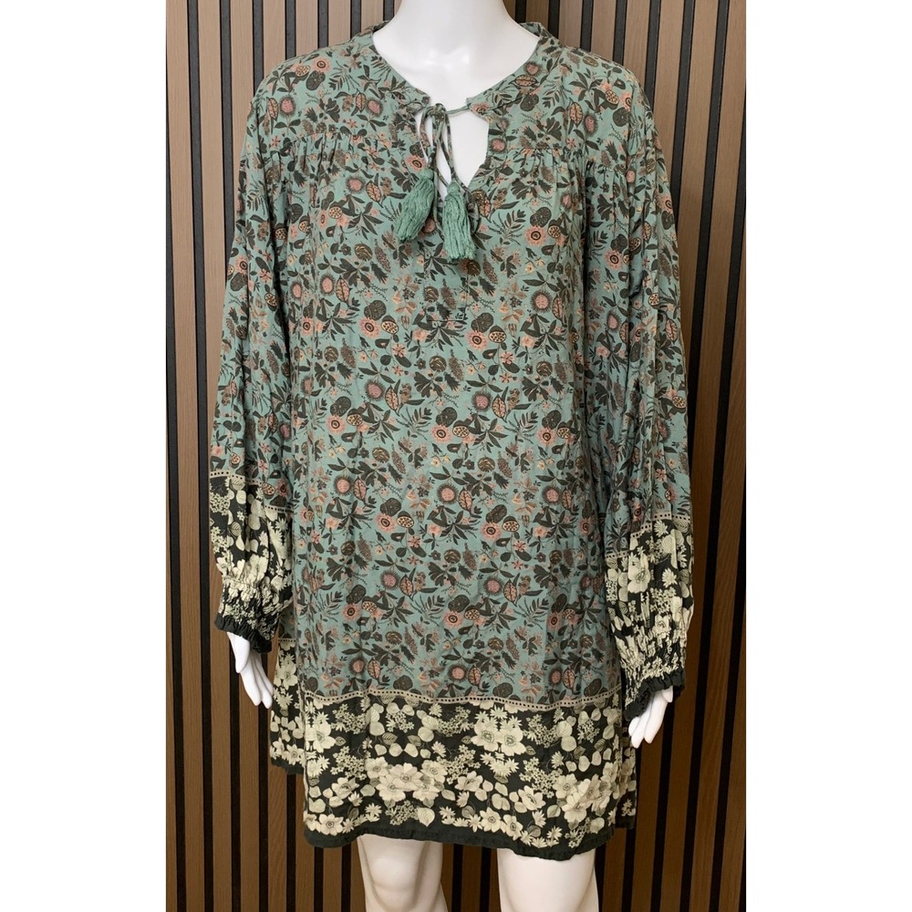 Natural Life Floral Tunic Dress XL Green Boho Tassel Rayon Long Sleeve Mini